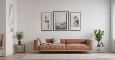 Cozy home interior, poster mockup on clips, white wall, frame, living room, interior