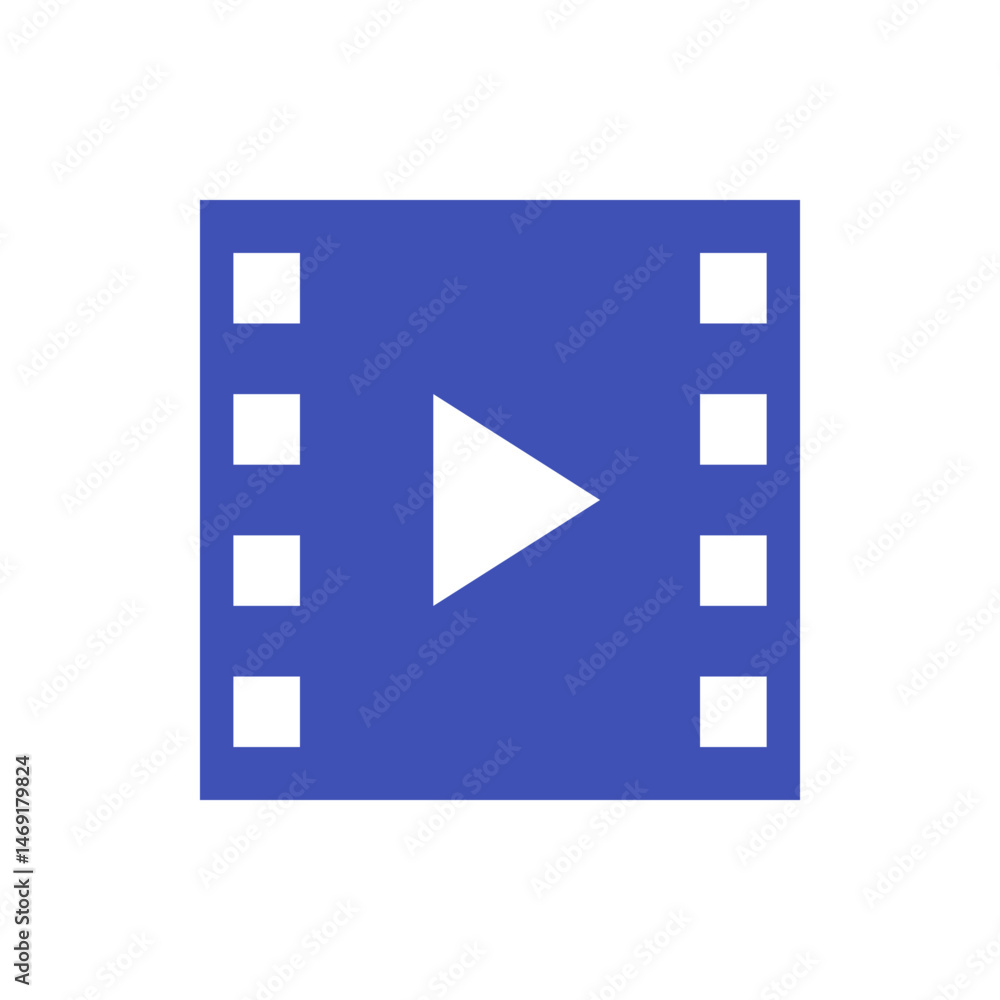 Poster blue square with white squares on the sides and a white play button in the center of the square