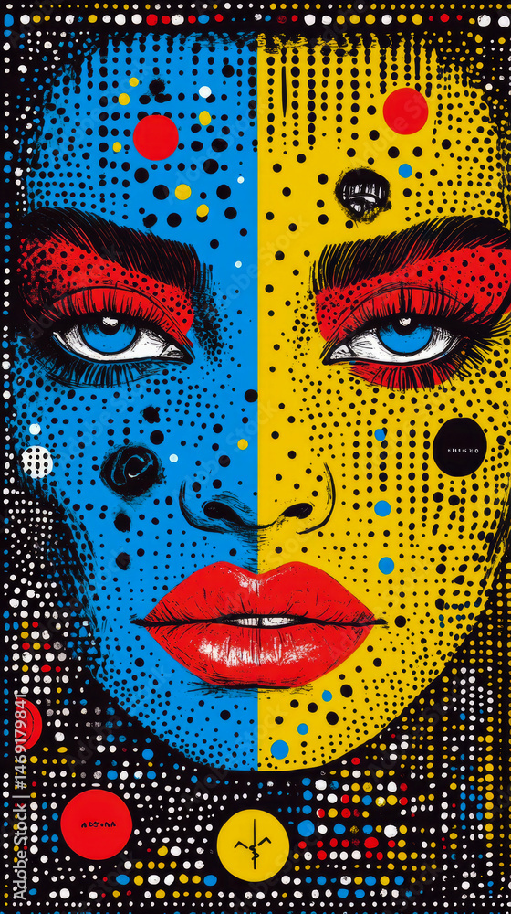Poster abstract portrait with geometric patterns and vibrant color blocks: a groovy homage to pop art sensi