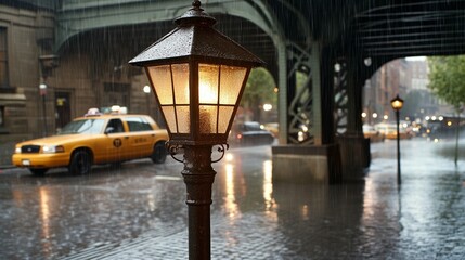 Rainy City Night: Streetlamp Glow