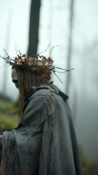 Baba Yaga folklore: mythic witch, magical guide, dark forest, chicken leg hut, nature force, ancient power, Slavic tales, magical assistance, villainous figure, mysterious enchantress