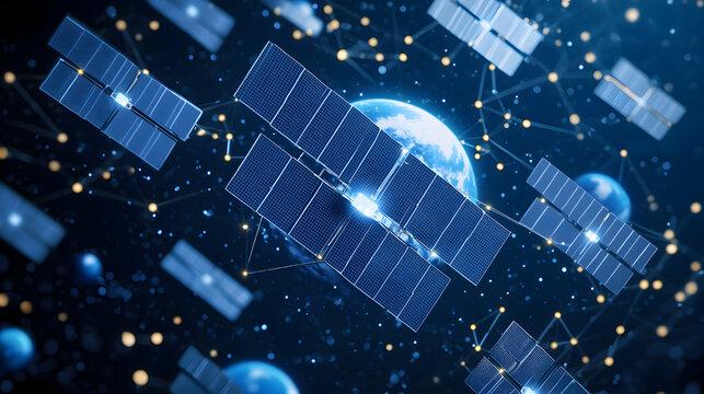 Orbiting Tech: A captivating digital rendering showcases a constellation of satellites encircling a luminous Earth. The scene is bathed in futuristic blue hues.