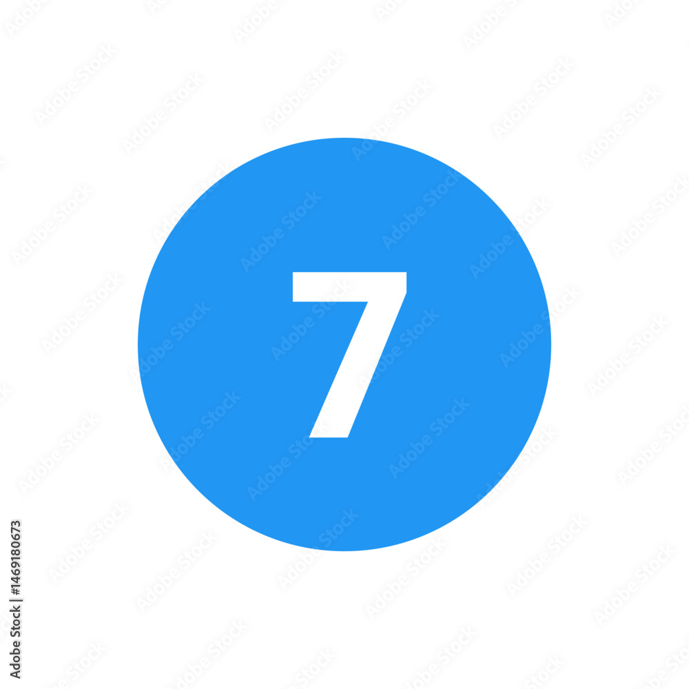 Poster illustration of a white number seven centered within a blue circle on a white background simple desi