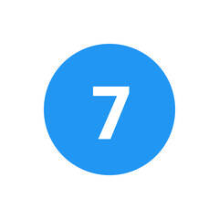 Illustration of a white number seven centered within a blue circle on a white background simple design element