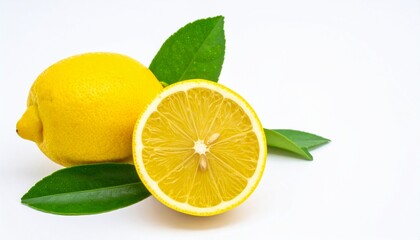 Fresh Whole and Sliced Lemons with Green Leaves on White Background