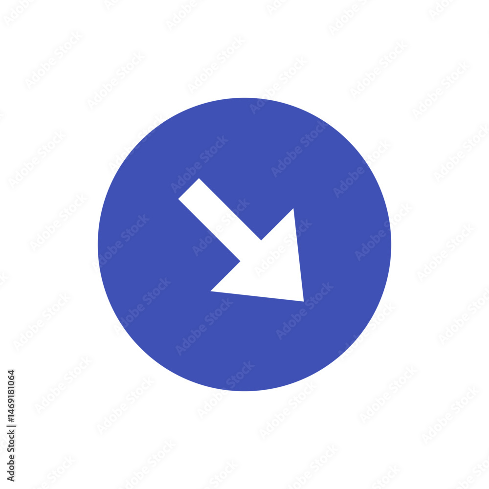 Poster white arrow pointing down and to the right inside a blue circle on a white background in a simple de