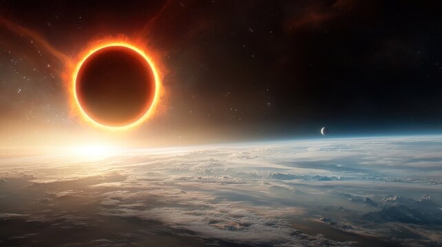 Dramatic Total Solar Eclipse View from Space Over Planet Earth Horizon space earth horizon corona