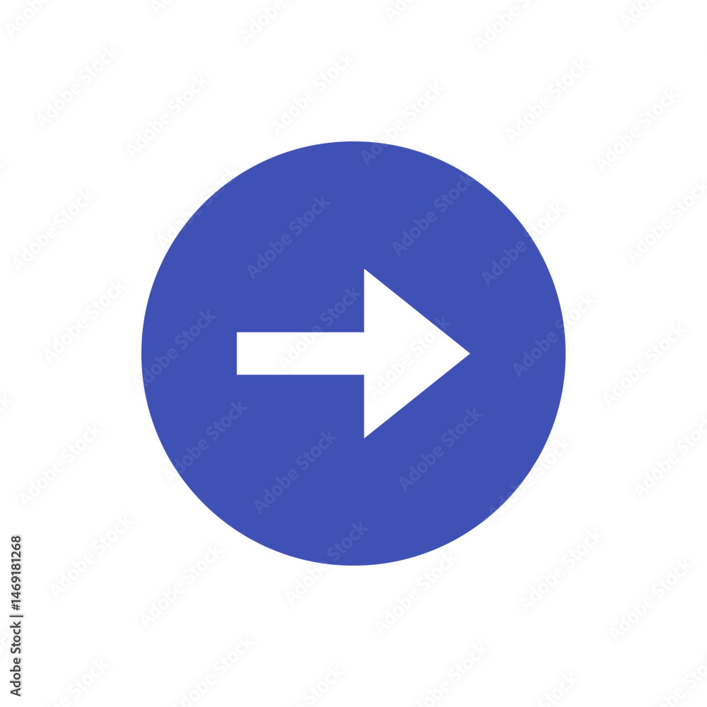 Poster white right arrow inside a solid blue circle pointing towards the right direction on a white backgro