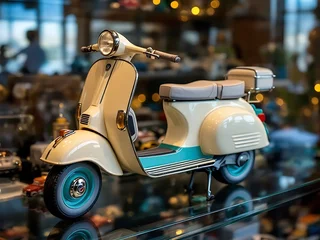 Selbstklebende Fototapeten High-resolution image of a stylish retro scooter miniature with detailed features. Ideal for collectors, vintage design themes, and nostalgic transportation concepts © GreenLand