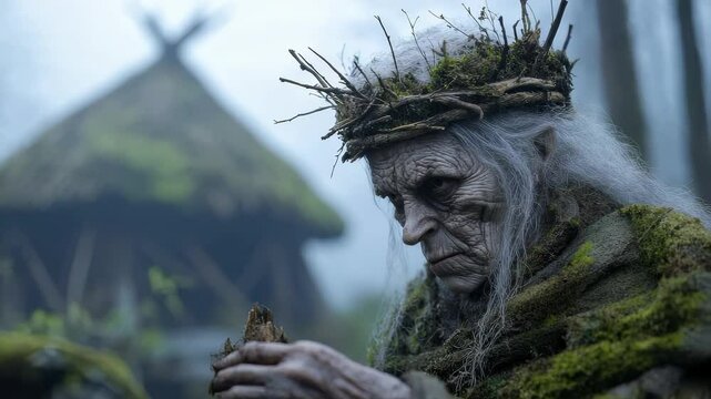 Baba Yaga legend: forest witch, powerful magic, ancient wisdom, magical hut, folklore icon, mystical creatures, Slavic myth, dark power, terrifying presence, mysterious protector