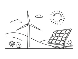 Wind farm turbine, solar panel with sun continuous one line icon drawing. Renewable source energy concept vector illustration in linear style. Contour line sign for innovation, environment design