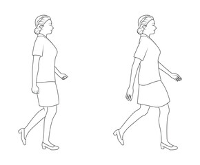 Female Character Walking Poses - Outline Vector Illustration.
