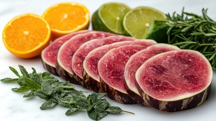 Fototapeta premium Sliced figs arranged with citrus and herbs