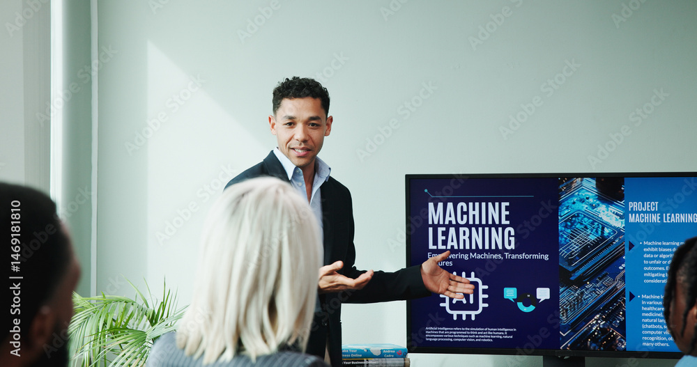 Aufkleber businessman, screen and ai presentation at conference for new innovation, idea and machine learning.