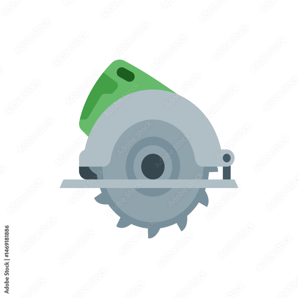 Poster illustration of a circular saw with a green handle and a visible blade guard in a simple style