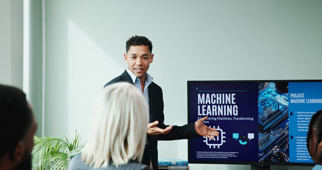 Businessman, screen and ai presentation at conference for new innovation, idea and machine learning. Speaker, office and pitch proposal to team for equity funding or technology investment workshop