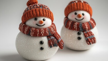 Fototapeta premium Two cheerful snowmen figurines, each wearing a knitted orange hat and scarf