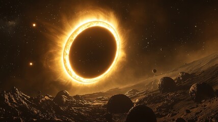 Obraz premium Dramatic Cosmic Eclipse Over Alien World eclipse dramatic cosmic space cosmos universe galaxy sun ai