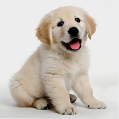 Happy Golden Retriever Puppy - Fluffy Young Dog With Tongue Out On White.