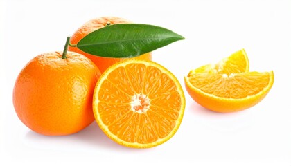 Fresh Oranges Whole and Cut Half with Green Leaves on White Background