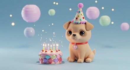 Fototapeta premium Cute Birthday Puppy with Cake