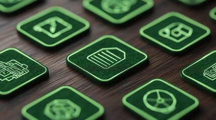 Expansion of AI Concept. Collection of green digital icons displayed on a wooden surface, showcasing various technology and industry concepts in a modern and stylish design.