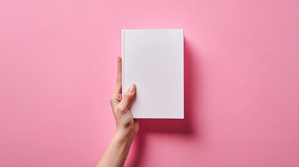 Obraz premium Hand Holding Closed White Book on Pink Background