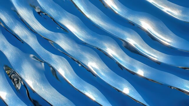 Abstract Undulating Blue Metallic Sculpture with Shiny Textured Curves and Play of Light Creates a Visually Captivating and Modern Artistic Design