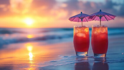 Two pink drinks on the beach at sunset