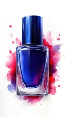 Glossy blue nail polish bottle, surrounded by vibrant watercolor splashes