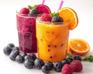 Two vibrant fruit smoothies, one purple and one orange, garnished with fresh berries and citrus slices