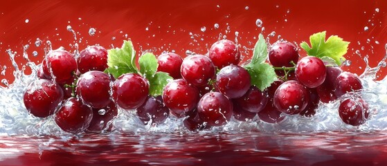 Freshly picked red grapes in water splashes.