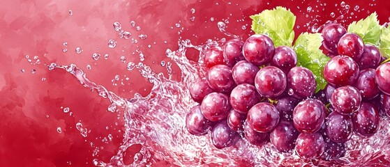 Freshly picked red grapes in water splash.