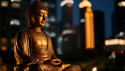 Buddha statue at night, city lights