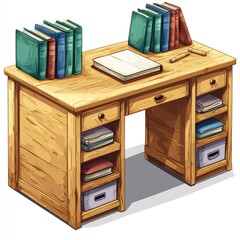 Wooden desk with books and supplies.  Simple, classic design