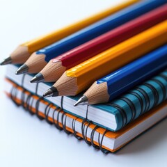 Colorful pens and pencils on a stack of notebooks