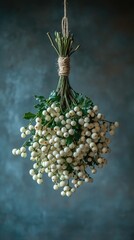 A cluster of white berries hangs from a twine