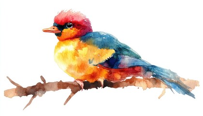 Vibrant bird perched on branch. Watercolor style