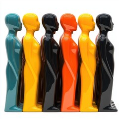 Diverse figures in a row.  Colorful representations of people standing side by side