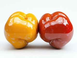 Two vibrant bell peppers, yellow and red, glossy finish