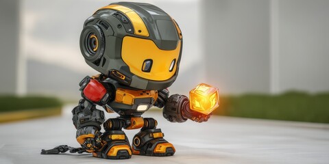 Expansion of AI Concept. This charming cartoon robot character holds a glowing cube, set against a modern backdrop. Perfect for tech themes, children's content, and creative projects.