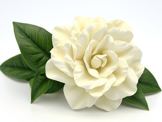 Detailed cream-colored flower with vibrant green leaves