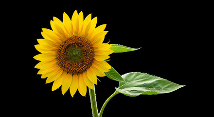 Obraz premium Sunflower bloom with green leaves on black