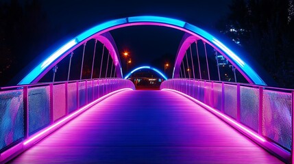 Obraz premium Night bridge with neon lights, and city.