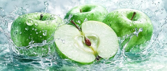 Fresh green apples in water splashing.
