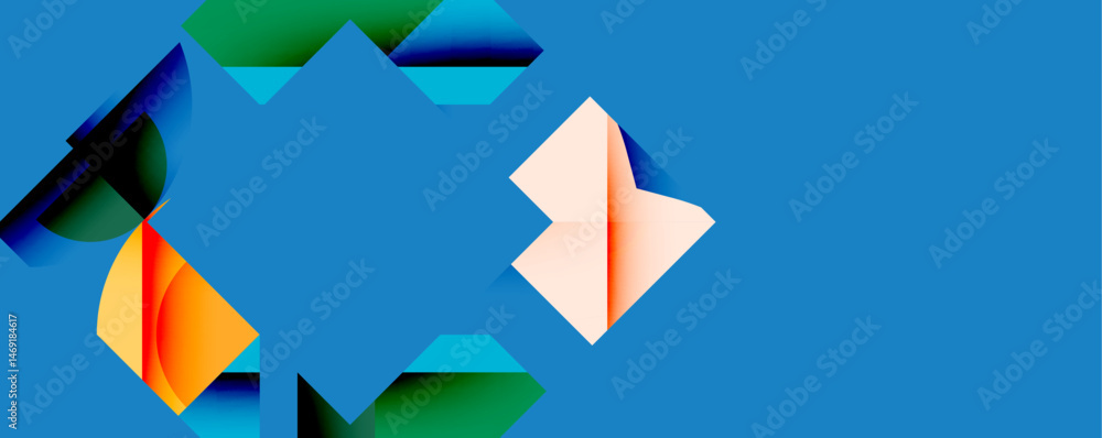 Leinwandbilder abstract geometric shapes overlap blue background. orange, green, white elements create dynamic comp
