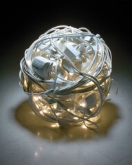 Fire Risks from Faulty Wiring. Illuminated White Sphere of Tangled Wires and Lights