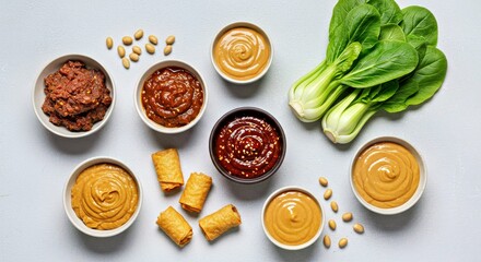 Modern flat lay of traditional sauces like fermented bean paste, spicy sesame, and peanut sauce with Asian greens and tofu skin rolls