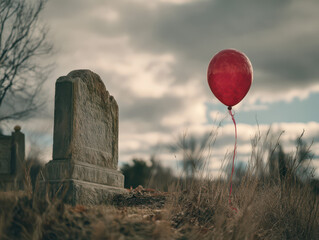 Symbolic Red Balloon Floating Beside a Headstone