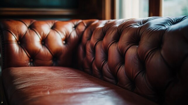 Closeup of vintage brown leather sofa in sunlight for luxurious classic interior furniture atmosphere